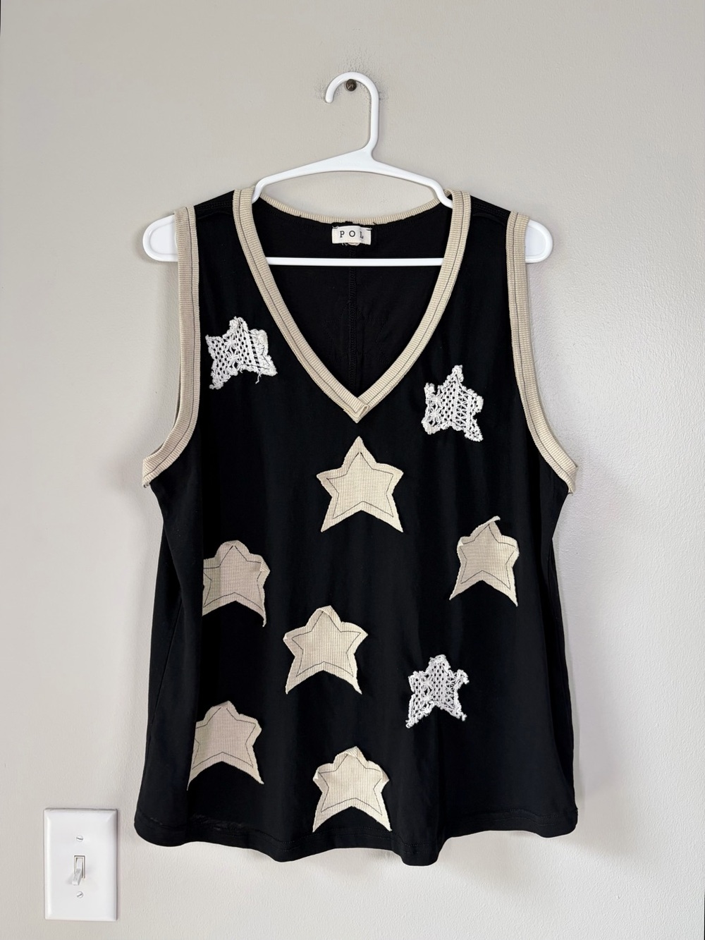 POL Black and Cream Star Patchwork V-Neck Tank Top Boho
